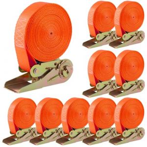 10 PCS 800 kg Sangle à Cliquet, Sangle d'Arrimage avec Tendeur, Sangle de Serrage en Polyester, 6m x 25mm, pour Moto, Cargaison, Remorque, Camions, Bagages (Orange) (Towncome, neuf)