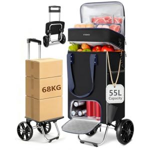 Ytonet Chariot de Courses &agrave; roulettes 55L, Caddie de Courses Pliable Porte Jusqu'&agrave; 68 kg, Chariot de Courses Imperm&eacute;able avec Sac Isotherme et Poche Anti-vol, Le Camping, Faire Les Courses, Noir (Urpackuk, neuf)