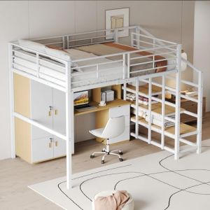 Zepneiy Lit Mezzanine 140 x 200 cm avec généreux rangements sous Le lit, Structure métallique, Blanc (Matelas Non Inclus) (ZEYNEP OZTURK LIMITED, neuf)