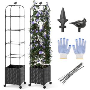COSTWAY Jardinière Surélevée à roulettes Verrouillables avec Bac à Planter et Treillis, Lit de Jardin Hauteur Réglable Système Auto-Arrosant, pour Légumes Plantes Grimpantes (40 x 40 x 211 cm) (FDS GmbH, neuf)