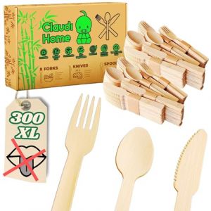 Sans goût de bois - 300 Couverts Jetables Compostables en Bambou Ecologique - Set de 100 Fourchettes & 100 Couteaux 16,6 cm 100 Cuillères dessert 14,4cm. Picnic, Barbecue, Fête, Camping @Claudi Home (CLAUDIA'S FARMHOUSE, neuf)