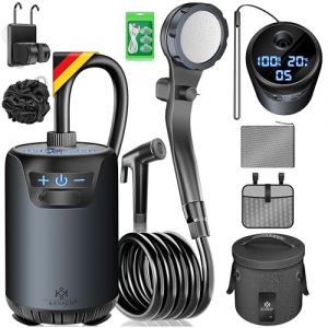 KESSER® Douche solaire de camping avec pompe et batterie rechargeable 8000 mAh | Kit de douche de camping avec pommeau de douche réglable, tuyau de 2 m, pistolet pulvérisateur, support et réservoir (WMK Trading GmbH, neuf)