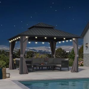 PURPLE LEAF Tonnelle de Jardin Exterieur Aluminium 3,65 x 3,65 m avec Guirlande Lumineuse, Pergola Jardin Exterieur à Double Toit en Acier Galvanisé, Pavillon avec Rideaux pour Fête, Stockage, Gris (PURPLE LEAF, neuf)