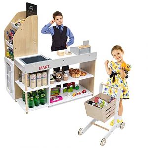 DREAMADE Jouet de Supermarché en Bois pour Enfants, Marchande Enfants avec Chariot,Caisse,Scanner,Tableau Noir et Frigo, Idéal pour Garçons et Filles de Plus de 3 Ans (Jaune+Blanc) (DREAMADE, neuf)