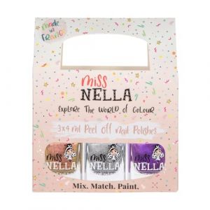 Miss Nella L'espace et au-del&agrave;: SET de 3 vernis &agrave; ongles peel off, sans odeur, sans eau et sauf pour les enfant- Cosmic Cutie (or), Shooting Star (argent) & Galactic Unicorn (violette) (OMG Marketing Ltd, neuf)