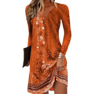 Yeenily Robe Décontractée à Manches Longues Femme Col Rond Bohème Fleurie MiniRobe Robe Imprimé Lâche Tunique Robe(Orange,M) (AOXIDE, neuf)