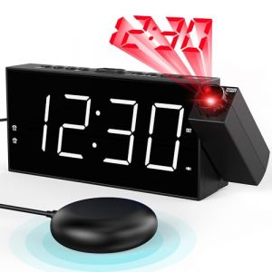 Reveil Projecteur Plafond, Horloge Projection, Réveil Vibrant pour Sourd et Malentendant, Reveil Puissant Gros Dormeurs, Snooze, Ports USB de Chargement, Grand Affichage à LED, Batterie de Secours (mesqool, neuf)