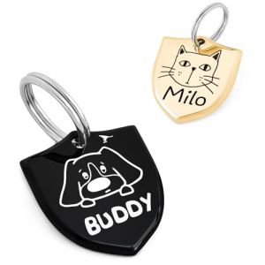 Conception Originale de Portrait pour Medaille Chien et Chat – Accessoires de Collier pour Chien en Acier Inoxydable avec Gravure Profonde Personnalisée (Bouclier) (MEOW the WOOF, neuf)