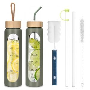 1000ml Bouteille D'eau en Verre avec 2 Couvercles en Bambou,Gourde en Verre Herm&eacute;tique,Motivation Bouteille avec Marqueur de Temps et Protecteur en Silicone pour Sport/Camping/Voyage Sans BPA (RAMO DRAGON SHOP S.R.L., neuf)