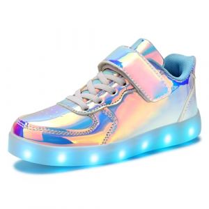 PADGENE Chaussures Enfants Gar&ccedil;on Fille Basket LED Lumineuse 7 Couleurs Clignotants USB Rechargeable Securit&eacute; Mode, Argent-Color&eacute; Boucle, 27 EU (Padgene-FR, neuf)