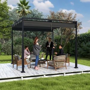 UISEBRT Tonnelle pergola de 3 x 3 m avec structure en acier robuste et toit ouvrant de qualité supérieure en polyester revêtu de PA, toit de terrasse autoportant, idéal pour l'extérieur (noir) (UISEBRT, neuf)
