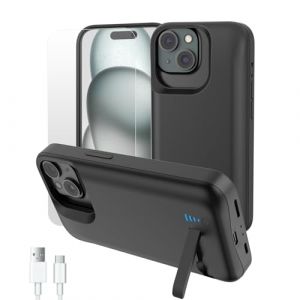 Gladgogo Coque Batterie pour iPhone 15(6000mAh 6.1"), Portable Coque Rechargeable avec Support, Externe Bo&icirc;tier de Recharge Power Bank Housse Batterie pour iPhone 15, Noir (AcmeT-UK, neuf)