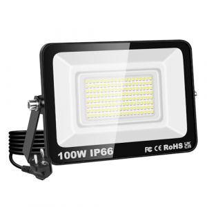 PICAA Projecteur LED 100W, étanche IP66, éclairage de sécurité 10000 lm, applique murale extérieure blanc froid 6500K pour jardin, cour, garage, terrasse, entrepôt, avec prise UE (1 pièce) (BEISHUO-UK, neuf)