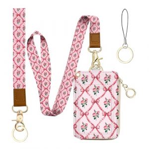bolimoss Cordon portefeuille et porte-badge avec n&oelig;ud rose, joli cordon pour enseignant pour badge d'identit&eacute;, petit portefeuille en cuir avec poche zipp&eacute;e, porte-badge avec cordon tour de cou (bolimoss, neuf)