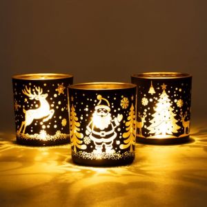 Romcanmy Photophore No&euml;l pour Decoration No&euml;l Table, Lot de 3 Photophore Verre pour Bougies Chauffe Plat AVCE P&egrave;re Noel Sapin Rennes Flocon, Dor&eacute; Noir Bougeoir Noel Table pour F&ecirc;te Interieur Maison (TOTORU, neuf)