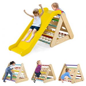 GOPLUS Triangle d’Escalade Montessori Enfants avec Filet à Grimper, Planche et Échelle,Pierres avec Toboggan, Charge 50KG,Aire de Jeux Intérieur pour Bébé 1 an+ (Multicolore) (Augenstern24, neuf)