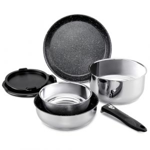 ROSSETTO Set de casseroles induction 7 pièces poele inox batterie de cuisine avec poignées amovibles, poêle antiadhésive sans PFOA de 20/26 cm et casserole de 16/20 cm, résistante au four (ROSSETTO, neuf)