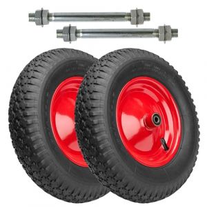 Garronda Roue de brouette 4.80/4.00-8 2PR Ø390x95mm, avec axe, doubles roulements, jante acier, valve auto, moyeu 97mm alésage 12mm, Lot de 2, GD-0163, Noir-Rouge (Hisert, neuf)