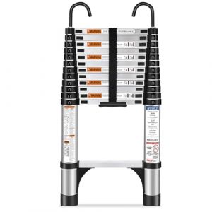 HBTower Echelle telescopique 3.8M/12.5FT avec Crochets, Escamotable en Aluminium,Echelle plianteConvient aux Camping-Cars, greniers, extérieurs et intérieurs, Charge Max 150 kg (Argenté) (KANGQIAN-EU, neuf)