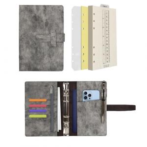Wonderpool A6 Carnet de notes en cuir rechargeable 6 anneaux classeur avec papier pointill&eacute; agenda et la couverture multi-poches pour les voyages d'&eacute;tudes commerciales (A6, Gris) (Wonderpool eu, neuf)
