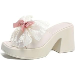 Chaussures à talons hauts style conte de fées pour femme chaussures de princesse Lolita en dentelle douce nœud pour bal de promo et occasions habillées (Blanc,37) (Conghuakeji, neuf)