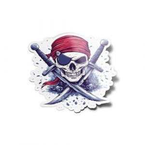 Pack AUTOCOLLANTS STICKERS Tête de Mort Pirate vinyle résistant eau uv Sabres Croisés Bandana Cache Oeil Piraterie Déco Die Cut Crâne Pour Ordinateur Bouteille et Voiture Déco exterieur 8cm (Atelier à Stickers, neuf)