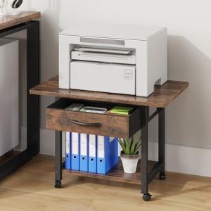 OYRREU Support Imprimante 2 Niveaux avec roulettes et Tiroir | Meuble pour Imprimante Bureau 56x38 cm | Organisation Scanner, Fax, Imprimante 3D | Brun Rustique (EN-HOME, neuf)