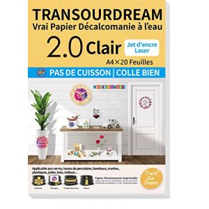 TransOurDream 20xA4 Papier D&eacute;calcomanie transparent pour les objets Blancs et Clairs(mug, bougie, bois), Imprimante Laser&Jet d'Encre, Papier Transfert &agrave; l'eau 2.0, autocollant,FR-10-20 (TransOurdream, neuf)
