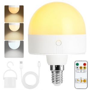 Psatfito Ampoule rechargeable avec minuterie et t&eacute;l&eacute;commande, ampoules &agrave; piles &agrave; intensit&eacute; variable avec base magn&eacute;tique, ampoule LED E14 amovible, lampes non c&acirc;bl&eacute;es avec 3 (3colour, E14-1PC) (WORL DWIDE, neuf)