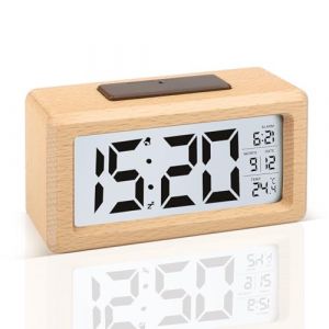 JOPHEK Reveil Numerique, R&eacute;veil Num&eacute;rique en Bois LCD Horloge Digitale sans Tic-tac avec Affichage Date Temp&eacute;rature R&eacute;veil &agrave; Piles avec Fonction Snooze pour Maison Chambre (3 Piles AAA Non Incluses) (IONADVERTISE, neuf)