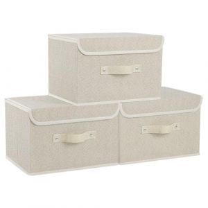 ENUMAIL 3 Pi&egrave;ce Bo&icirc;tes de Rangement Pliables en Tissu avec Couvercle, Organisateur de Tiroir avec Poign&eacute;es, Panier Rectangulaire, pour Ranger V&ecirc;tements, Livres, Chaussettes, 33&times;23&times;20cm, Gris Beige (Ernian, neuf)