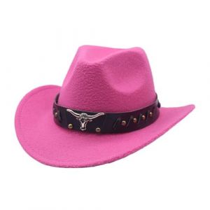 G&eacute;n&eacute;rique Chapeau de Cowboy Femme Classique Western Cowboy Chapeaux avec Bandeau Taureau Large Bord R&eacute;tro Roul&eacute; Feutre Chapeau Ext&eacute;rieur Chapeaux avec Ceinture Boucle pour Femme (Chop BGM, neuf)