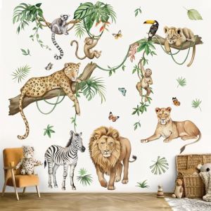 wondever Stickers Muraux Animaux de la Jungle Autocollants Muraux Mural Stickers Safari L&eacute;opard Gu&eacute;pard Lion Z&egrave;bre pour Chambre Enfants B&eacute;b&eacute; P&eacute;pini&egrave;re Salon (Wondever EU, neuf)