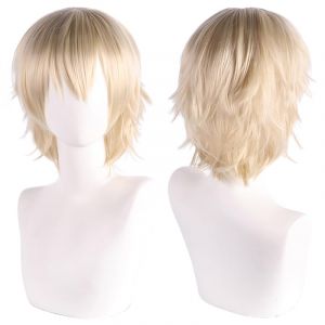 SUXUMHAO Perruque unisexe AnimeShortHairWigCosplayAnimeWigFluffyLayeredCostumePerruque r&eacute;sistante &agrave; la chaleur Synth&eacute;tiqueCostumePartyPromWigswithBangs, BeigeA (Sensentrade, neuf)