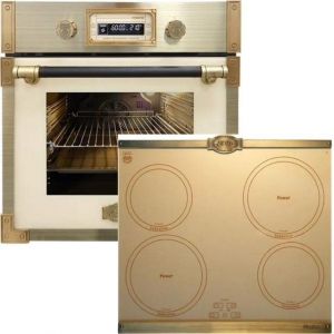 Kaiser Four pyrolyse « EH 6427 ElfAD+KCT 6395 IelfEm», four à encastrer pyrolyse rétro 73L verre couleur elfe 60 cm+plaque de cuisson à induction rétro, plaques métalliques bronze, 4 QickHeat (elektroniks-home, neuf)