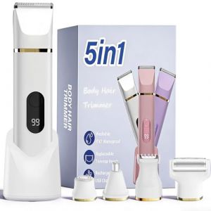 &Eacute;pilateur Bikini 5-en-1 pour Femmes, Rasoir &Eacute;lectrique Corporel sans Fil &Eacute;tanche IPX7, 5 T&ecirc;tes Interchangeables pour &Eacute;pilation Visage, Jambes et Zone Intime, Lame C&eacute;ramique, Recharge USB - Blanc (BJIE-EU, neuf)