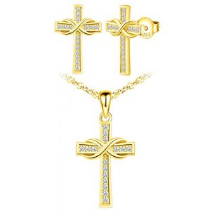 Yumilok collier femme fille, boucles d'oreilles femme, ensemble de bijoux, collier pendentif et boucle d'oreille croix symbole d'infini, collier et clou d'oreille en argent 925, zircon incrust&eacute; (Yumilok, neuf)