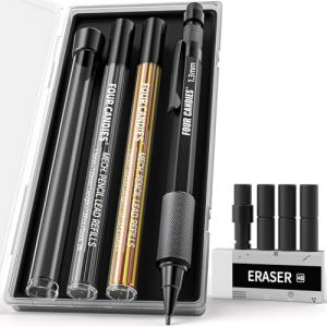 Four Candies Ensemble de porte-mines de 1,3 mm avec 24 mines de recharge, crayon de charpentier en métal résistant aux intempéries, gomme, 6 recharges de gomme pour architecte, dessin, travail du (Four Candies, neuf)