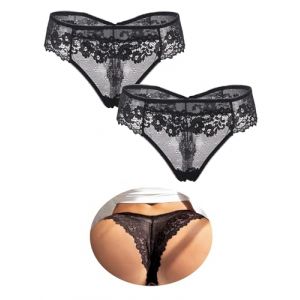 ohmydear String Femme Sexy Chic &Eacute;rotique Culotte Tanga Slip en Dentelle sous-v&ecirc;tements Coquine Ceinture &Eacute;lastique Transparent Panties Entrejambe en Coton Confort Taille Basse Lingerie Lot de 2 (OHMYDEAR, neuf)