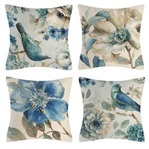 OCEUMACO Housse de Coussin 40x40 Oiseaux Fleuri D&eacute;coratif Housses Coussins pour Canap&eacute; Lit Chaise Salon Lot de 4 Fleurs Beige Moderne Taie d'oreiller en Lin Scandinave - Bleu Turquoise (Oceum, neuf)