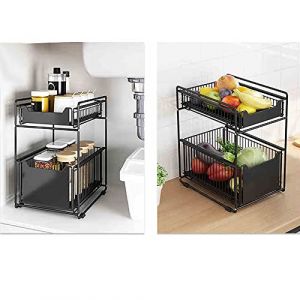 HUOLE Panier de Rangement Coulissant &agrave; 2 Niveaux,tiroir Organisateur, Porte-&eacute;pices, Panier Coulissant sous &eacute;vier, &eacute;tag&egrave;re de Rangement pour comptoir de Cuisine, Garde-Manger,Bureau (Noir-2PC) (Hechheu, neuf)