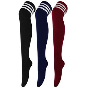 DRESHOW 3 Paires Cuissardes Chaussettes Hautes Montantes Longues Cuisse Chaussettes Dessus du Genou Jambi&egrave;res pour Filles et Femmes, Noir/Bordeaux/Bleu, Taille unique (Dreshow, neuf)