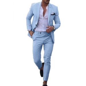 Ensemble de costume en lin pour homme d&eacute;contract&eacute; smoking 2 pi&egrave;ces coupe r&eacute;guli&egrave;re blazer un bouton veste unie et pantalon pour bal de fin d'ann&eacute;e f&ecirc;te de mariage, bleu ciel, 54 (Leader of the Beauty, neuf)