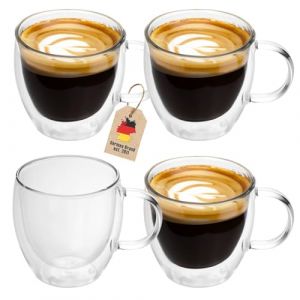 Intirilife Set de 4 Verres Thermiques &agrave; Double paroi -100-150ml- souffl&eacute;s &agrave; la Bouche et isol&eacute;s pour Espresso Cappuccino, Verres &agrave; th&eacute; Verres &agrave; caf&eacute; Tasses &agrave; Latte, Effet de l&eacute;vitation avec Anse (cadorabo-shop, neuf)