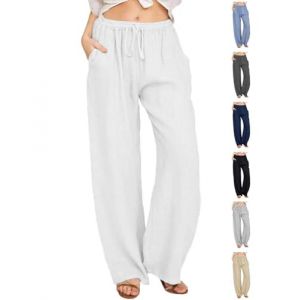 CheChury Pantalon Lin Femme Été Décontractés Pantalons Mode Coton Chanvre Confortable Jogging Plage Rétro Pants Taille Elastique Pantalon avec Poches,Blanc,XXL (LYworld, neuf)