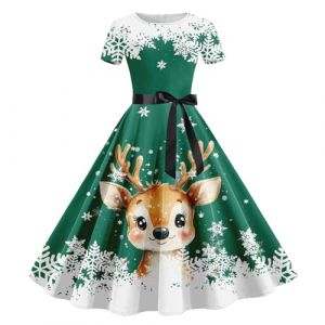 Robe No&euml;l Femme Grande Taille Renne Flocon de Neige Arbre Robe Hiver Noel Robes de Soiree Col en V Manches Longues Robes Chic et Elegant Merry Christmas Dress D&eacute;guisement Pere Noel Sexy (2-Green, S) (BAULMD（90% Big Promotion Without Discount Code ）, neuf)