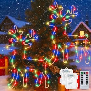 HOUSN Lot de 2 Rideau Lumineux Wapiti,Renne lumineux de No&euml;l,100 LED 8 Modes Guirlande Rideau Lumineux &agrave; Piles Int&eacute;rieur,D&eacute;coration de No&euml;l pour Int&eacute;rieur Ext&eacute;rieur,F&ecirc;te,Multicolore (Yalantemj, neuf)