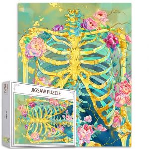 Puzzle Squelette Doré 1000 Pièces pour Adultes - Corps Humain Anatomie Avec Forme Unique - Crâne Halloween Style Fleurs Roses Os Art Cadeau (Whoops Wall Art, neuf)