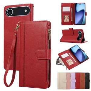 Rosbtib Coque pour iPhone Air 2025 6.5 Pouces Housse en Cuir Fermeture Zipp&eacute;e Fermeture Magn&eacute;tique Portefeuille avec 4 Poches pour Cartes Standfuntion R&eacute;tro Etui iPhone 17 Air, Rouge (Tengkai Technology, neuf)