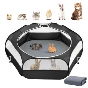 Parc pour Petits Animaux 2-en-1 avec Coussin, Cage pour Petits Animaux Imperméable avec Coussin Réutilisable, Clôture de Cour Extérieure avec 3 Tiges en Métal pour Poussin/Chaton/Chiot, Noir (Joiel EU, neuf)